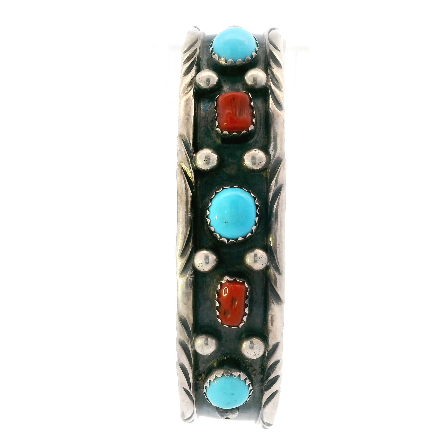 Silver Navajo Signed "RC" Turquoise & Coral Cuff Bracelet