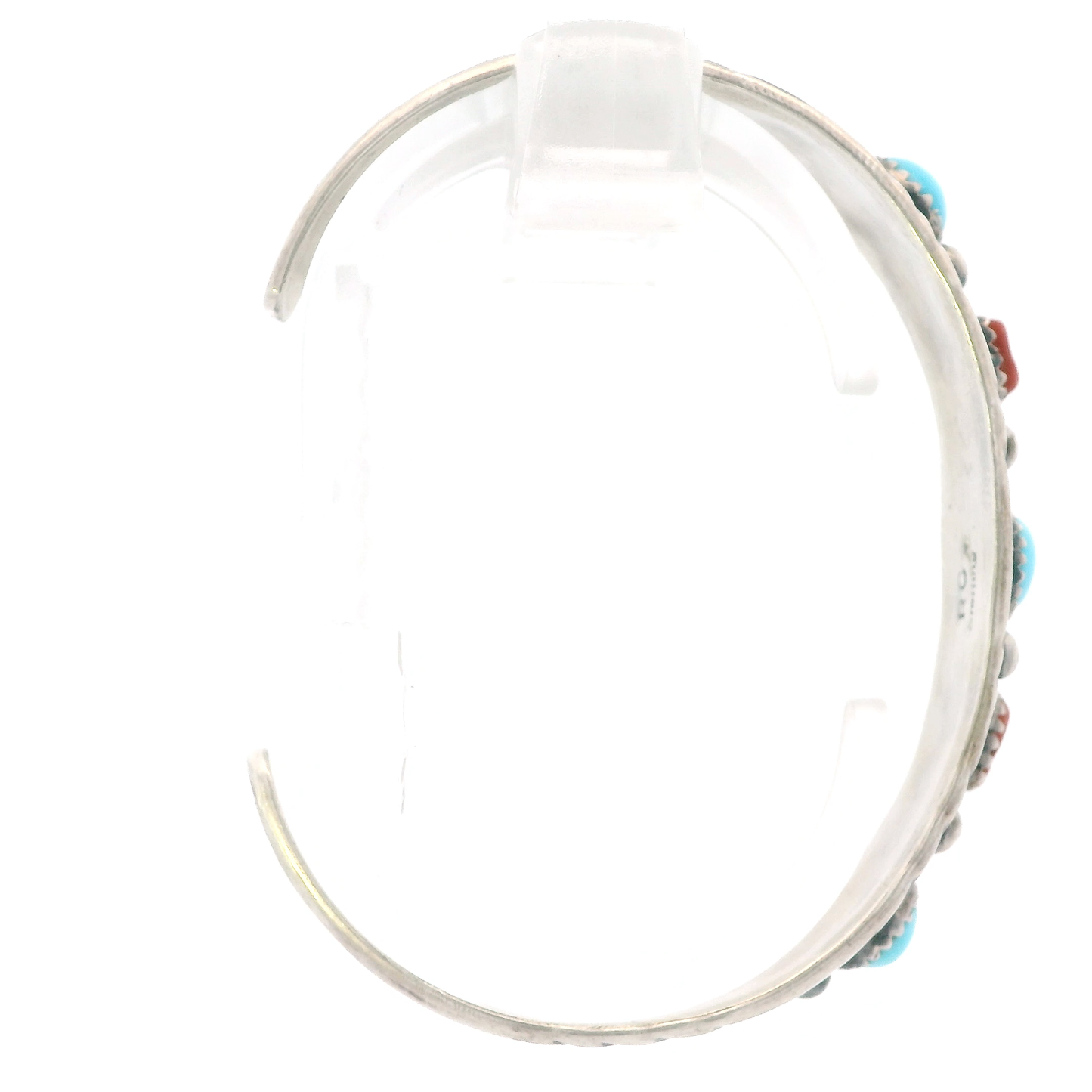 Silver Navajo Signed "RC" Turquoise & Coral Cuff Bracelet