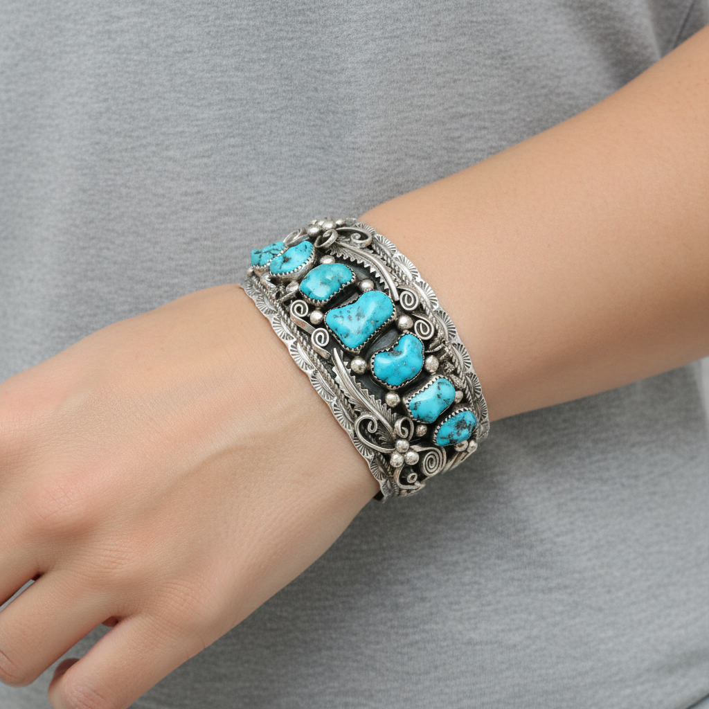 Vintage Sterling Silver Signed Thomas Francisco Turquoise Cuff Bracelet