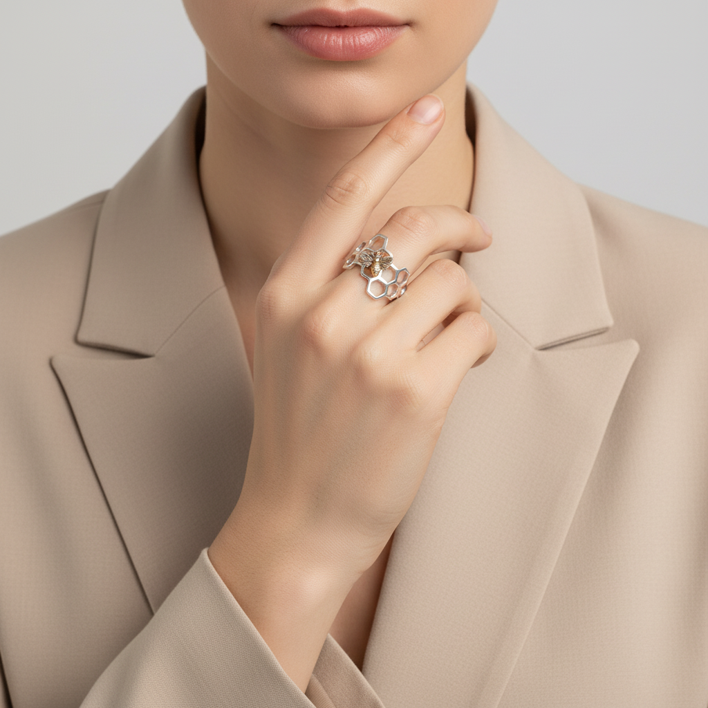 Silver Honeycomb Bee Womens Ring