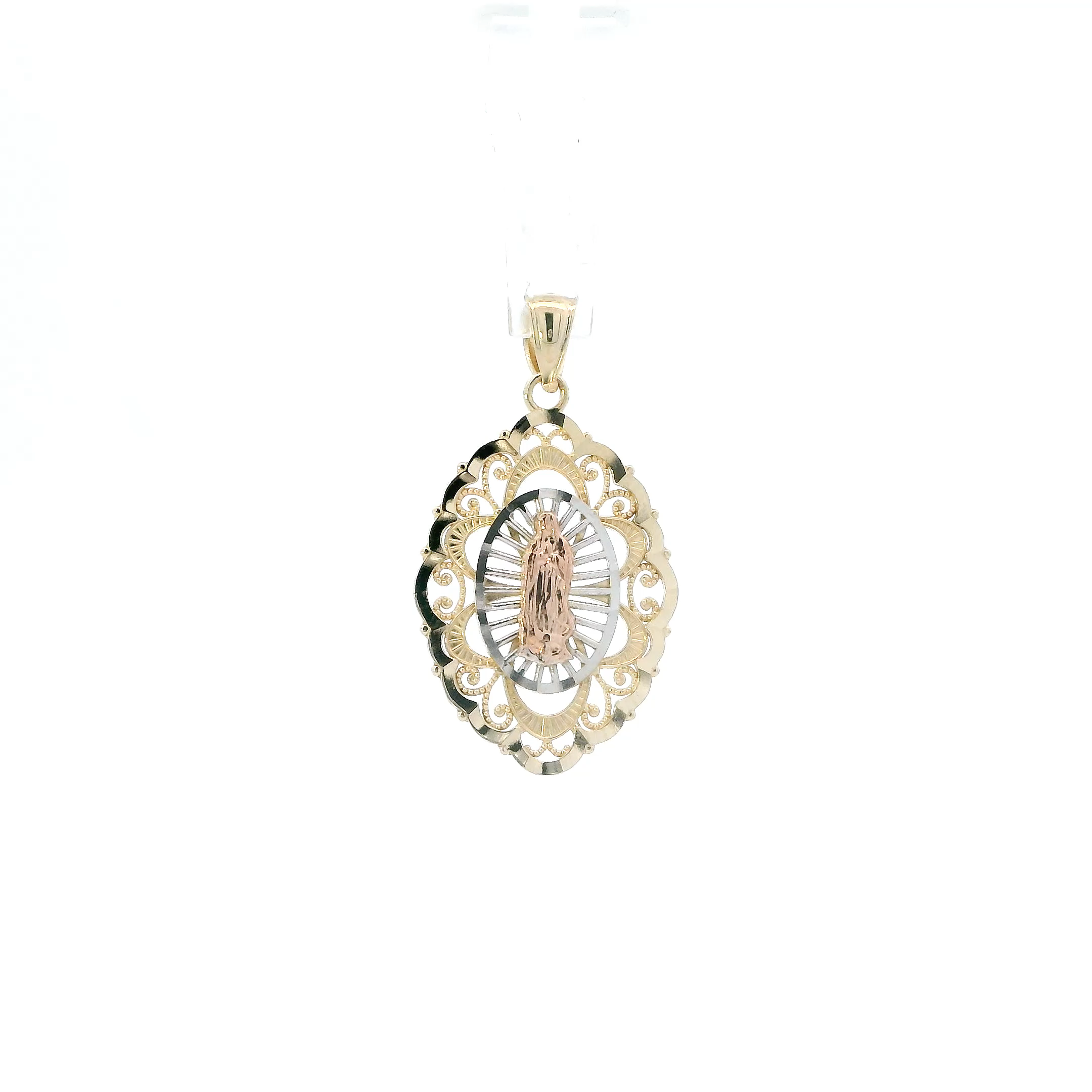 14K Tri Color Gold Filigree Oval Religious Pendant