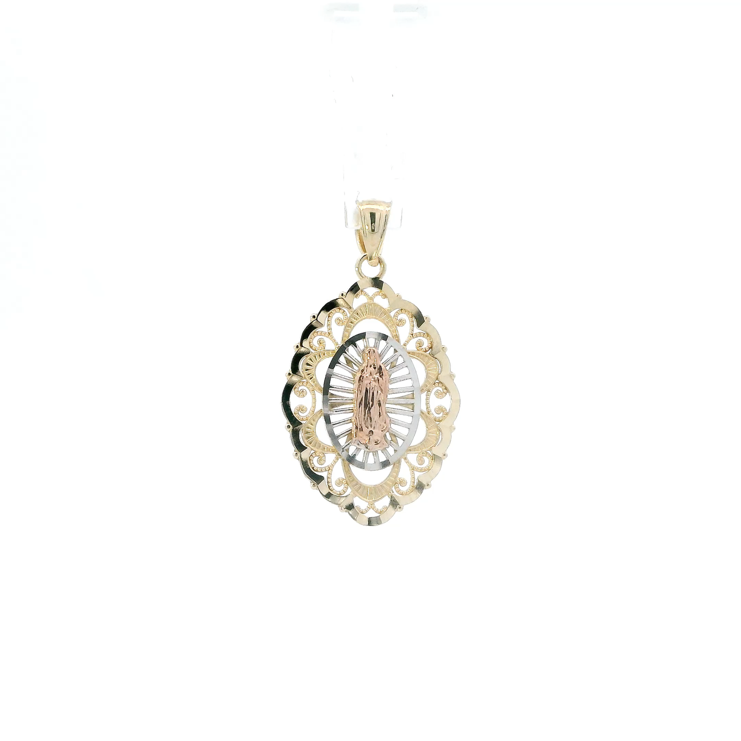 14K Tri Color Gold Filigree Oval Religious Pendant