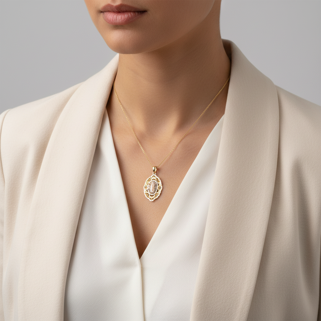 14K Tri Color Gold Filigree Oval Religious Pendant