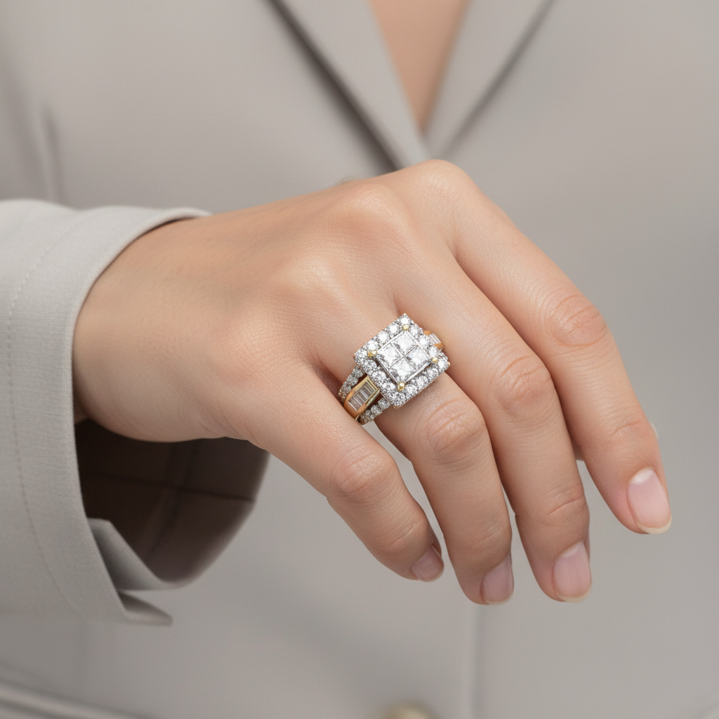 14K Yellow Gold Square Diamond Womens Ring - 2.44ct