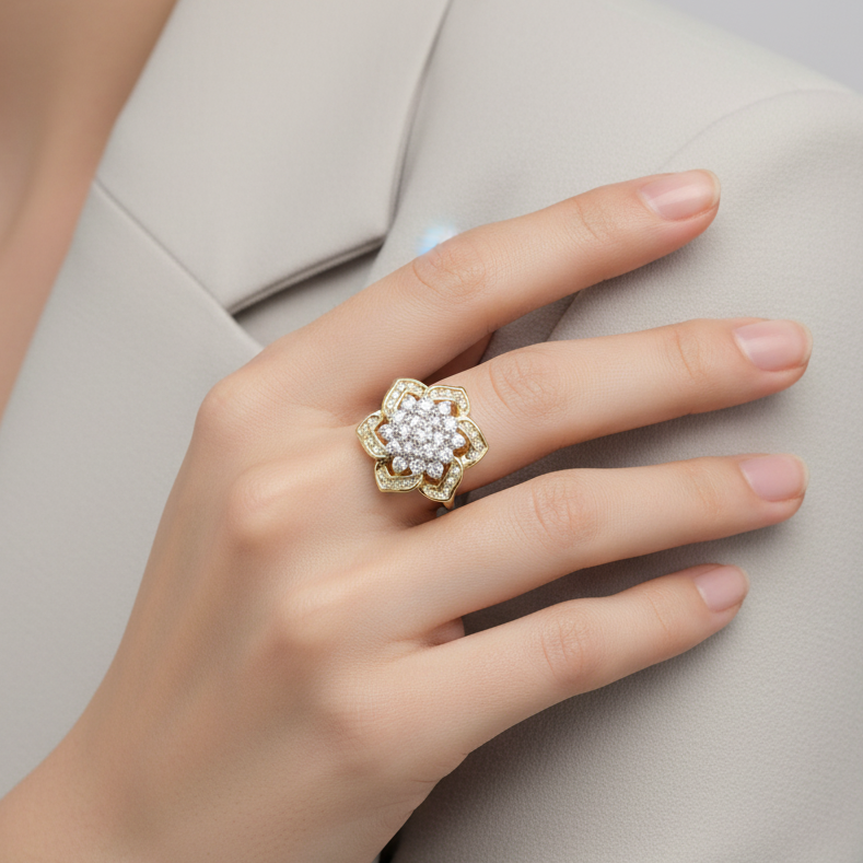 14K Yellow Gold Diamond Flower Ring - 0.05ct