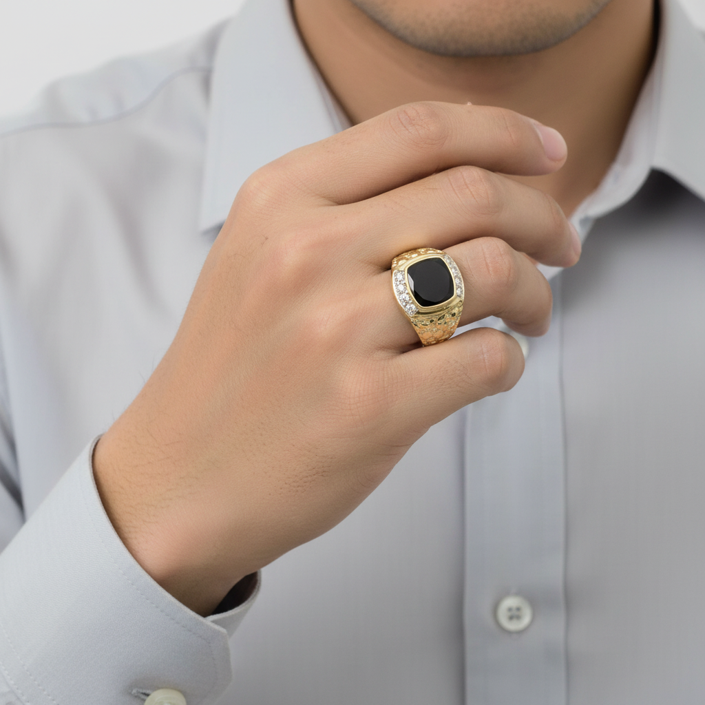 10K Yellow Gold Black Onyx Nugget Mens Ring