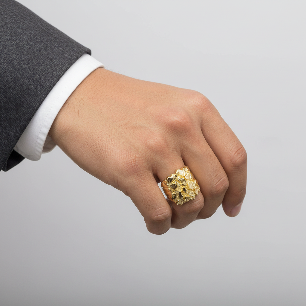 14K Yellow Gold Nugget Mens Ring