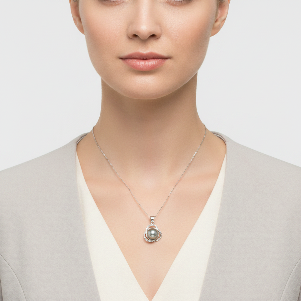 14K White Gold Tahitian Pearl & Diamond Pendant - 0.42ct