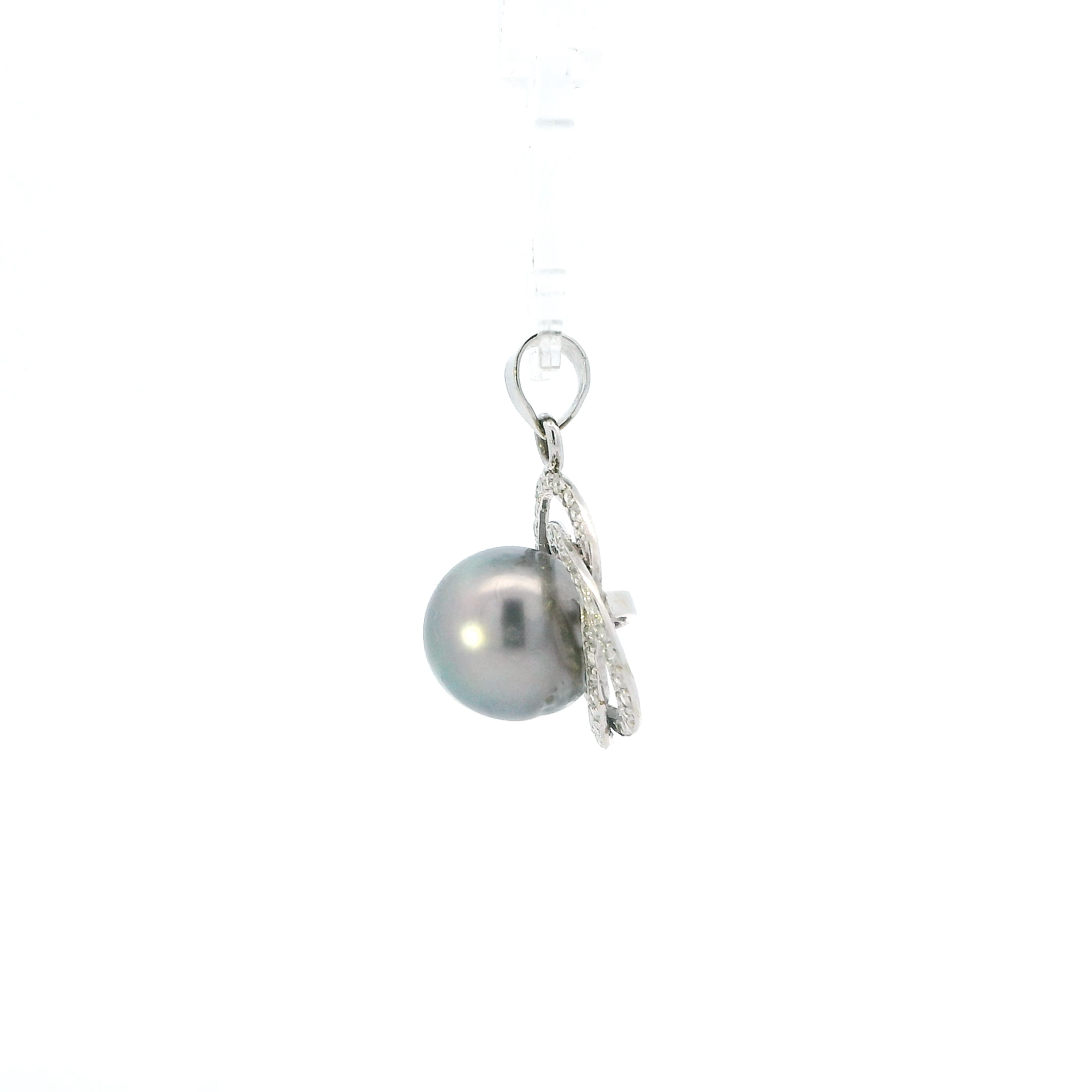 14K White Gold Tahitian Pearl & Diamond Pendant - 0.42ct