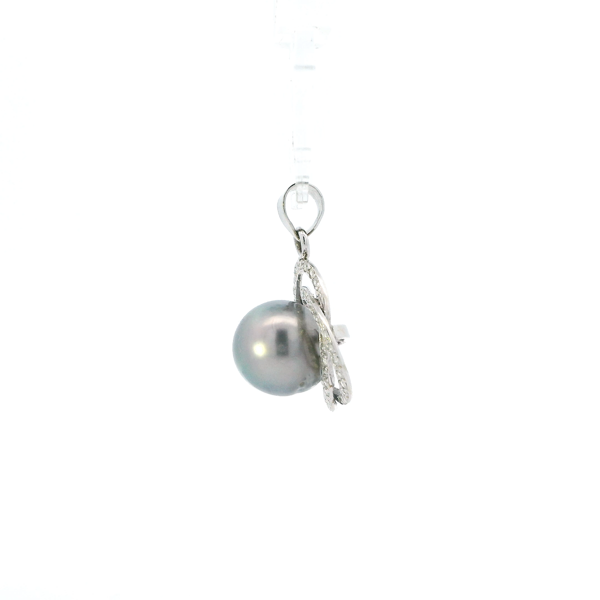 14K White Gold Tahitian Pearl & Diamond Pendant - 0.42ct
