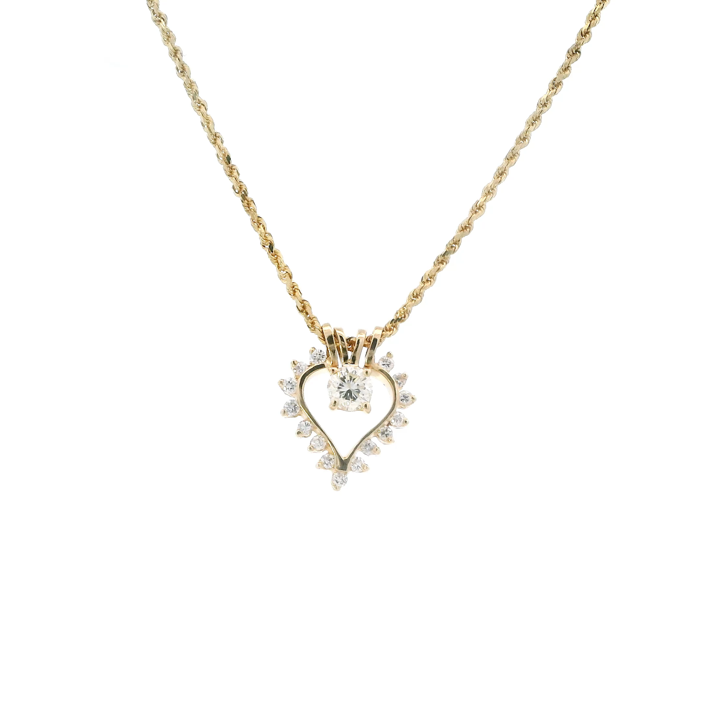 14K Yellow Gold Diamond Heart Pendant & 16" Rope Chain - 0.71ct