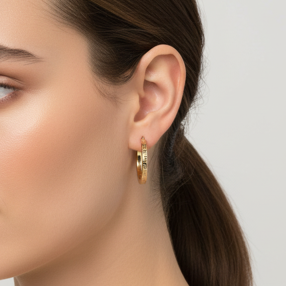 14K Yellow Gold Greek Design Hoop Earrings