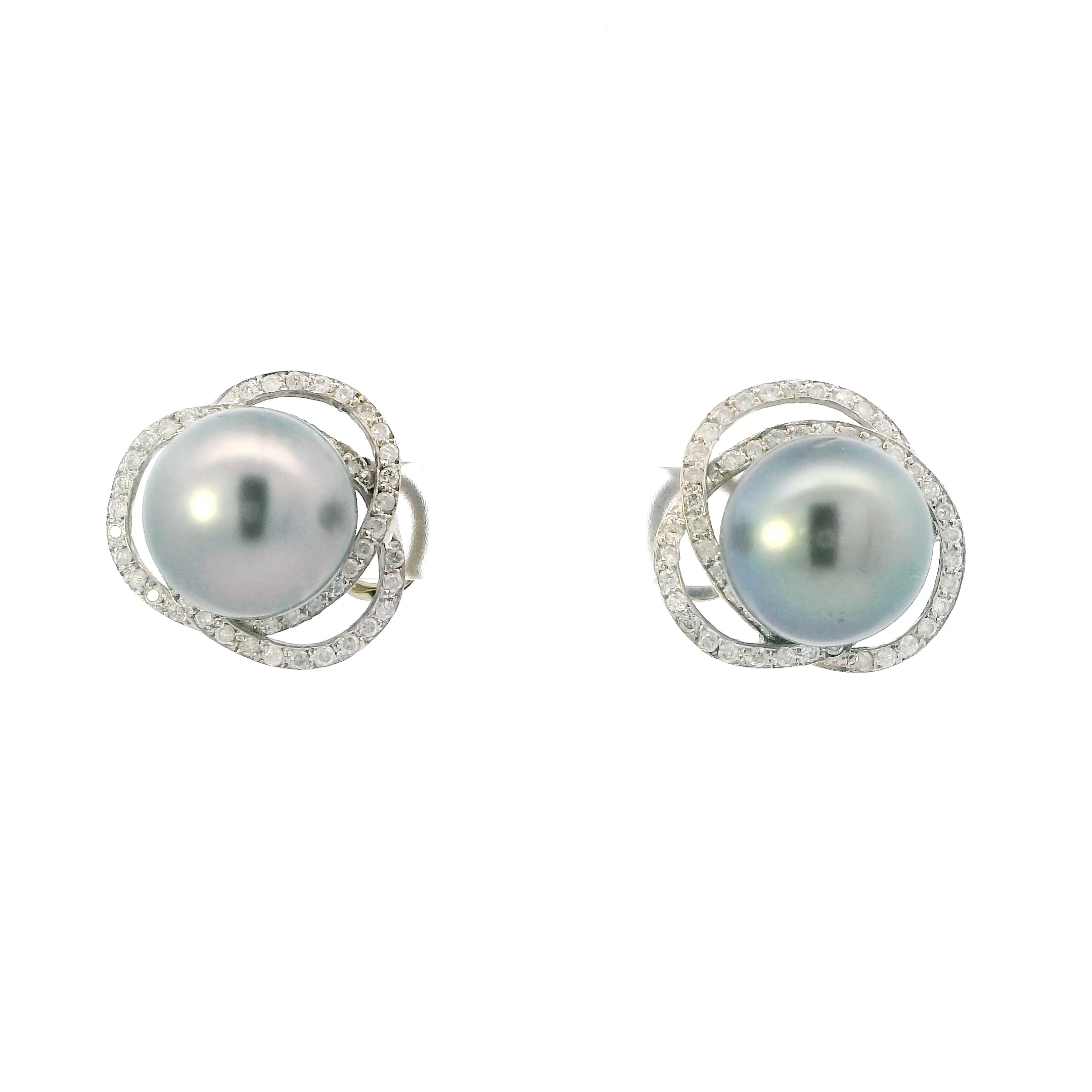 14K White Gold Tahitian Pearl & Diamond Stud Earrings - 0.88ct