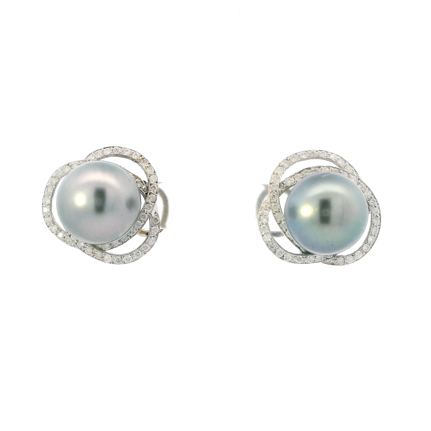 14K White Gold Tahitian Pearl & Diamond Stud Earrings - 0.88ct