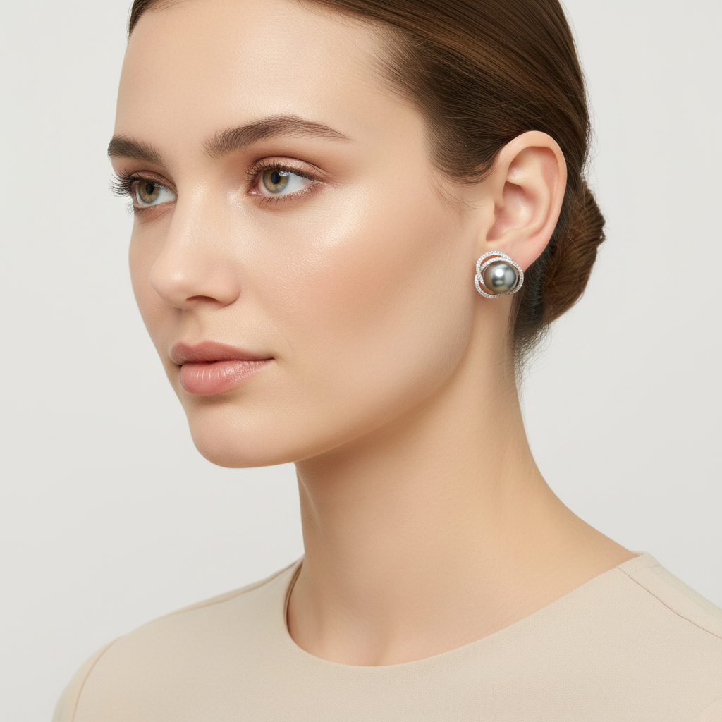 14K White Gold Tahitian Pearl & Diamond Stud Earrings - 0.88ct
