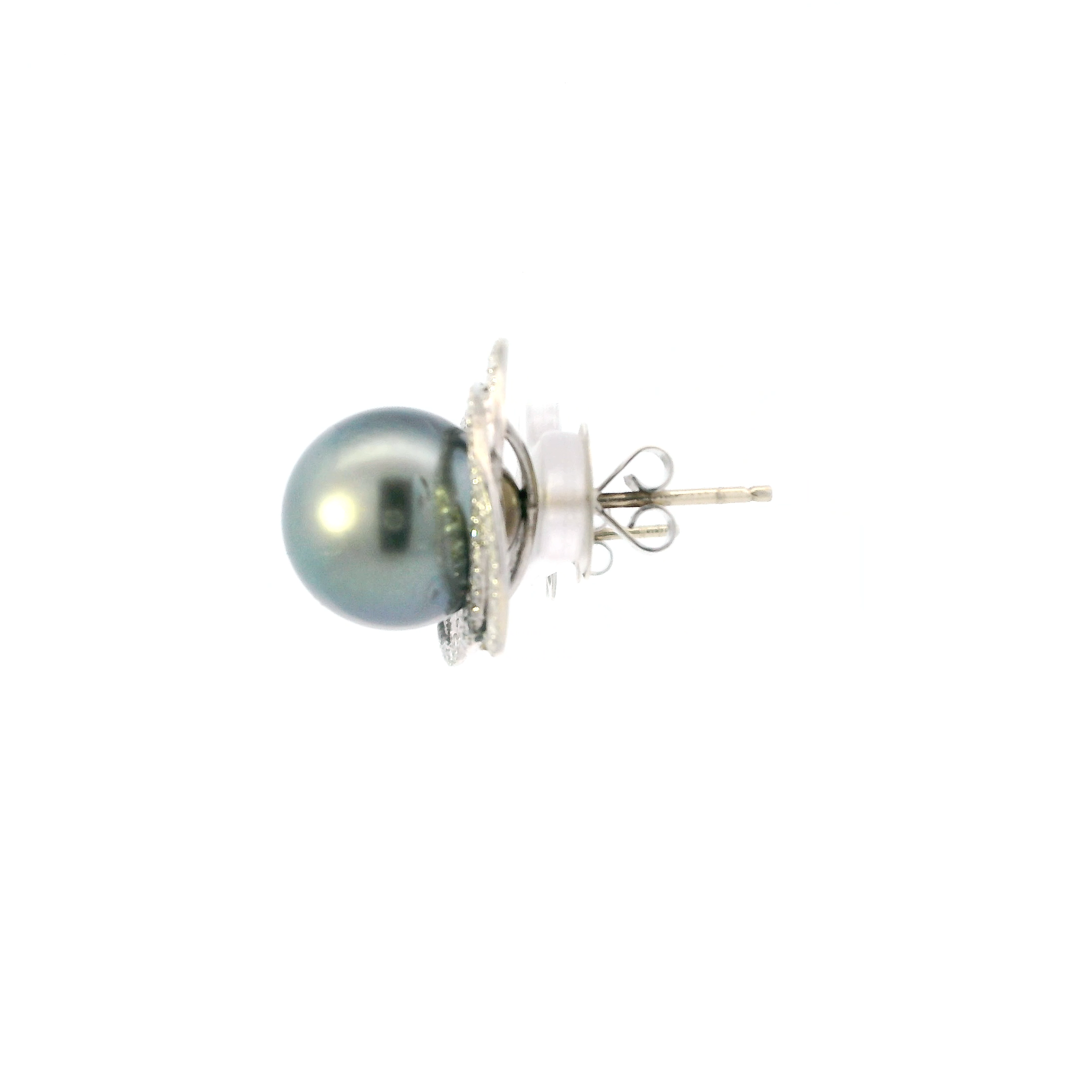 14K White Gold Tahitian Pearl & Diamond Stud Earrings - 0.88ct