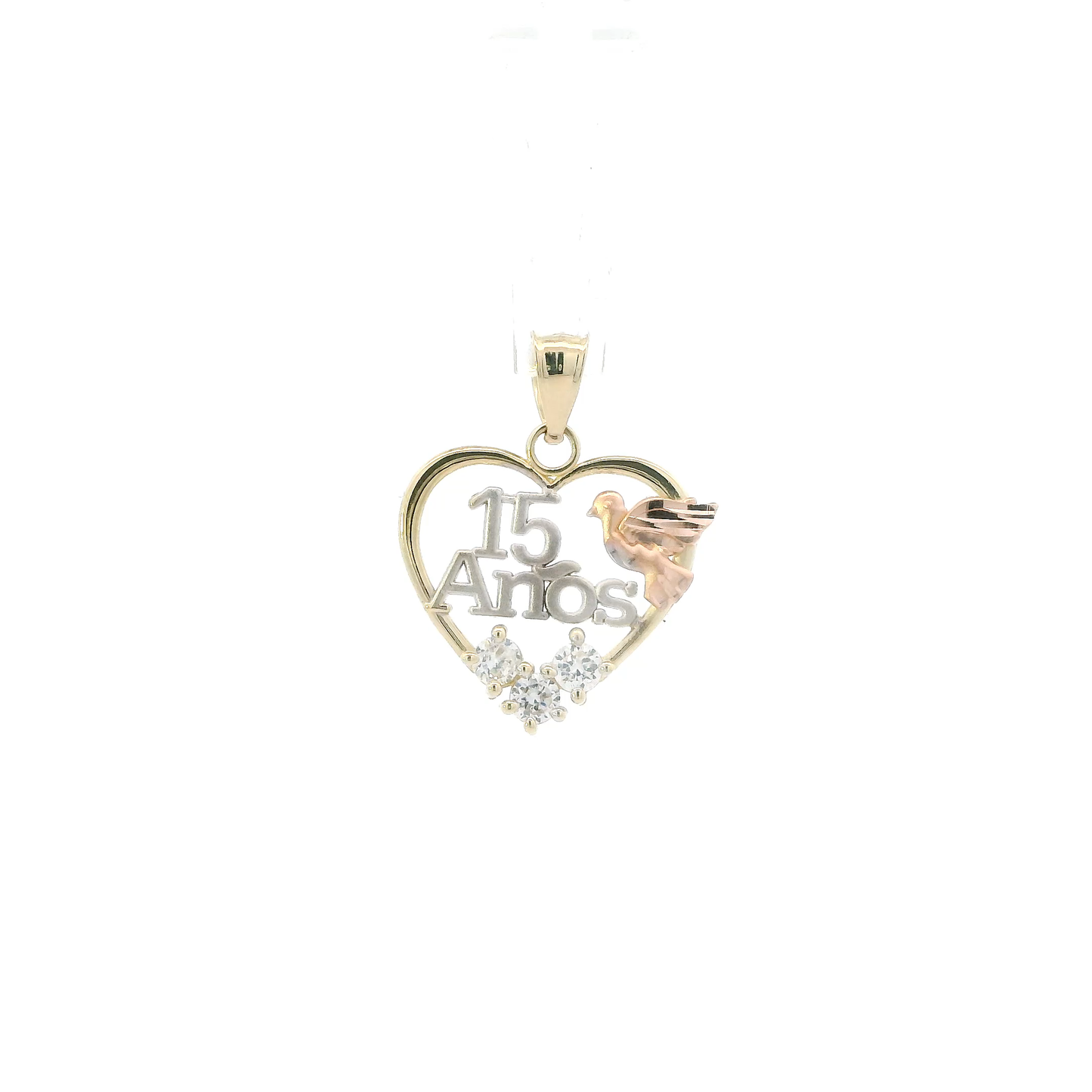 14K Tri Color Gold 15 Anos Heart & Dove Pendant
