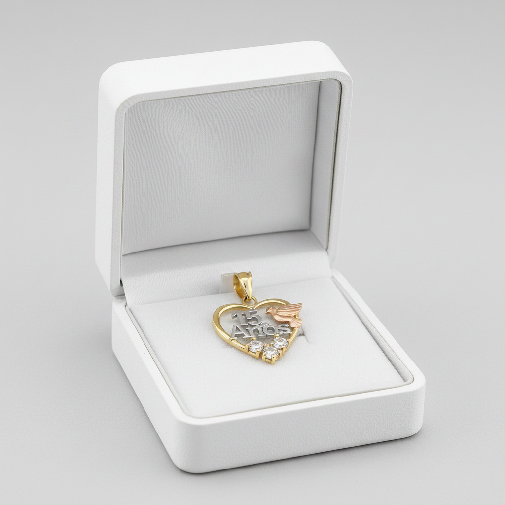 14K Tri Color Gold 15 Anos Heart & Dove Pendant