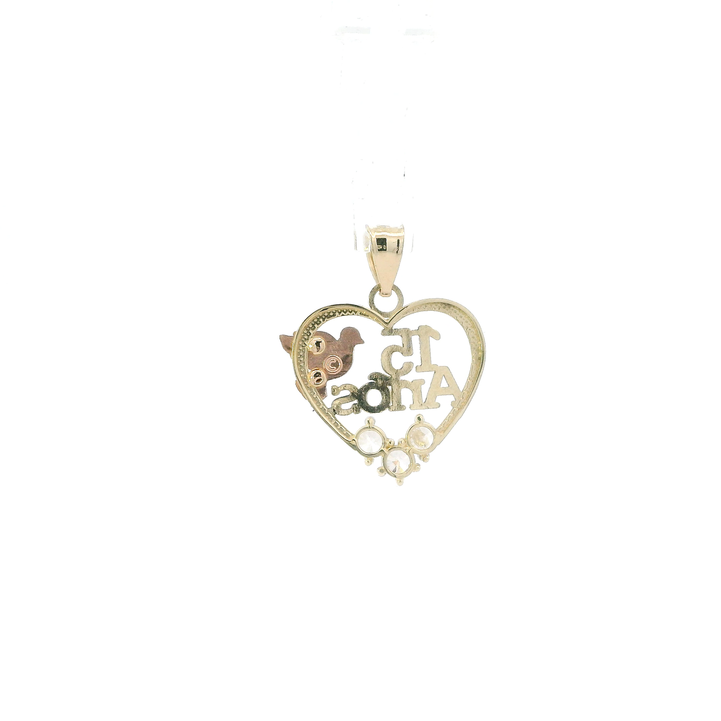 14K Tri Color Gold 15 Anos Heart & Dove Pendant
