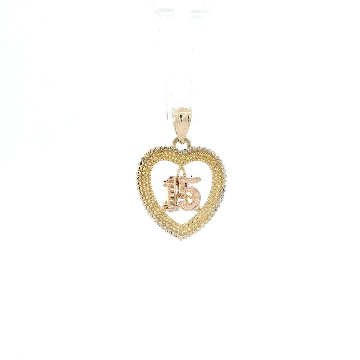 14K Tri Color Gold "15" Heart Pendant