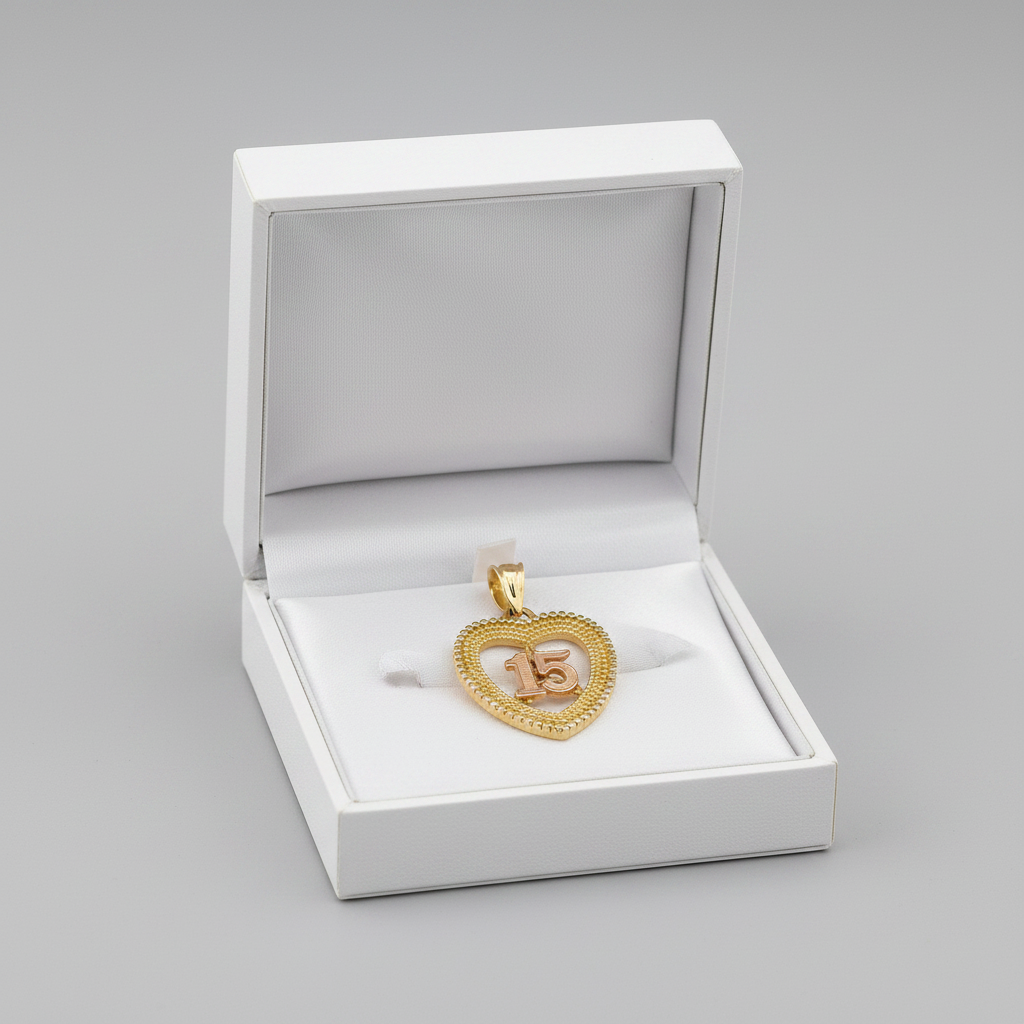 14K Tri Color Gold "15" Heart Pendant