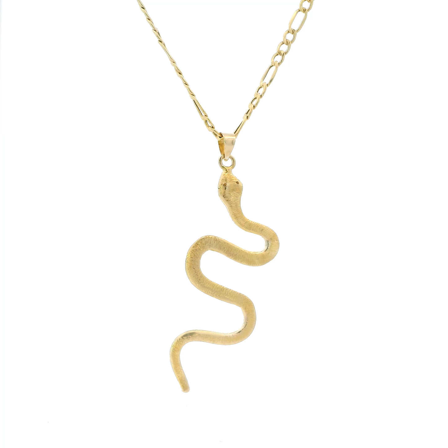 18K Yellow Gold 24" Figaro Chain & Diamond Cut Snake Pendant