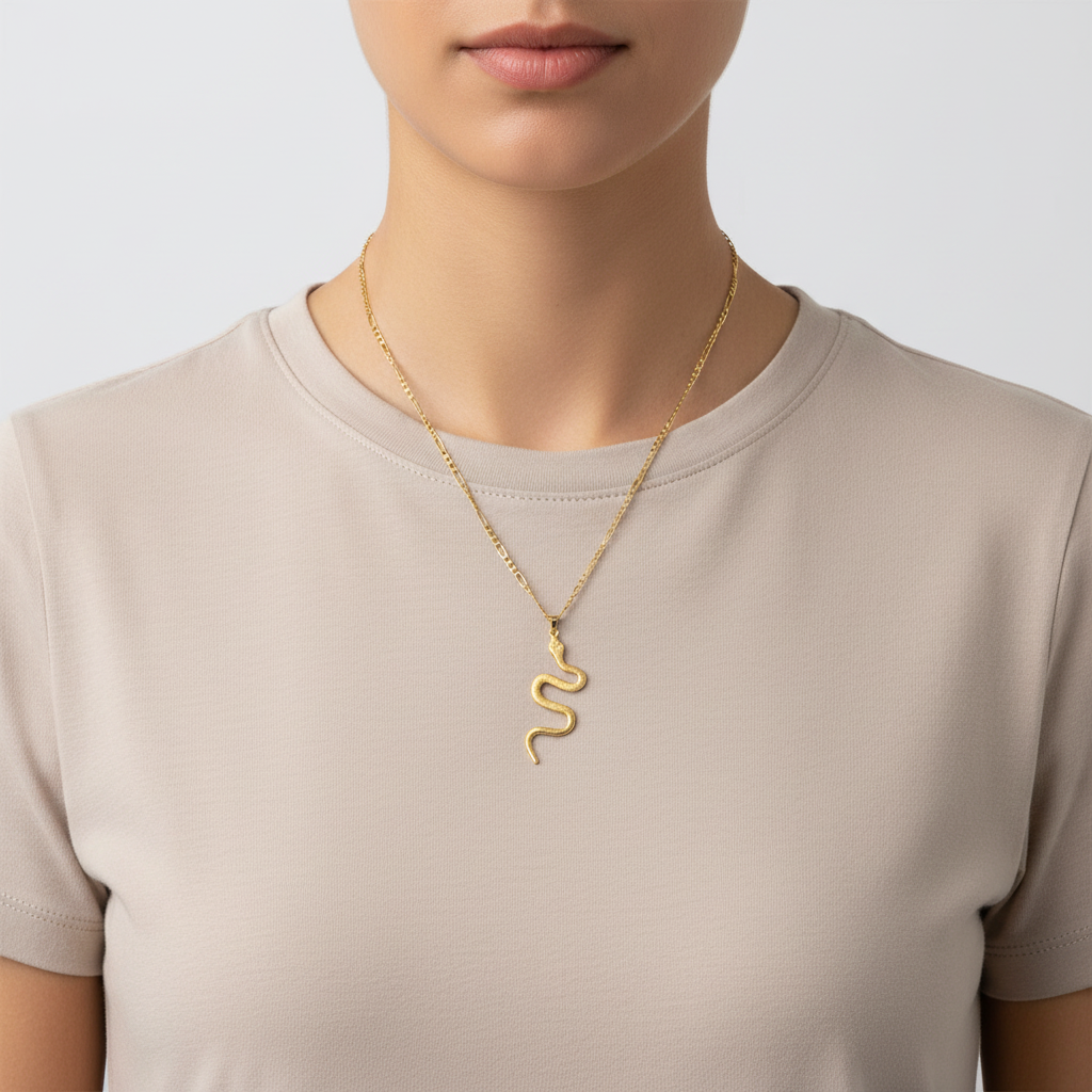 18K Yellow Gold 24" Figaro Chain & Diamond Cut Snake Pendant