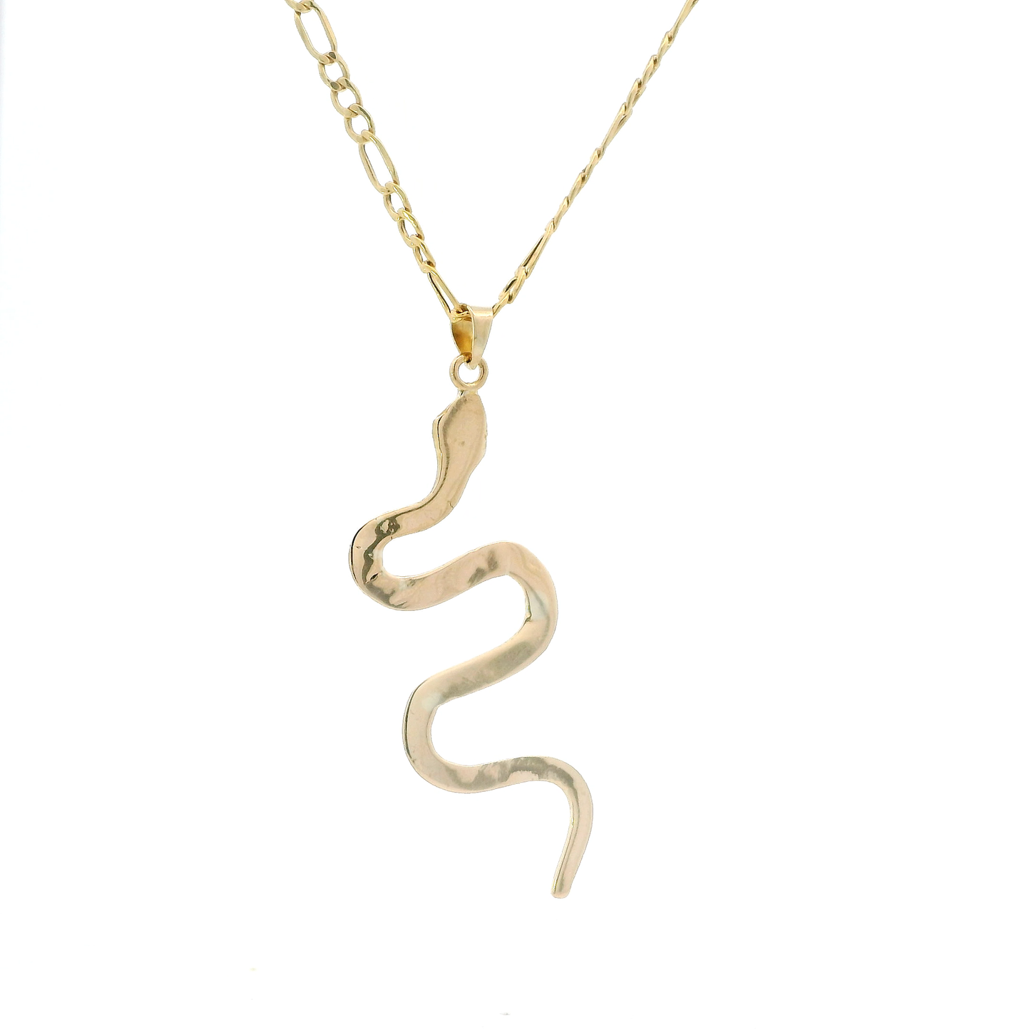 18K Yellow Gold 24" Figaro Chain & Diamond Cut Snake Pendant