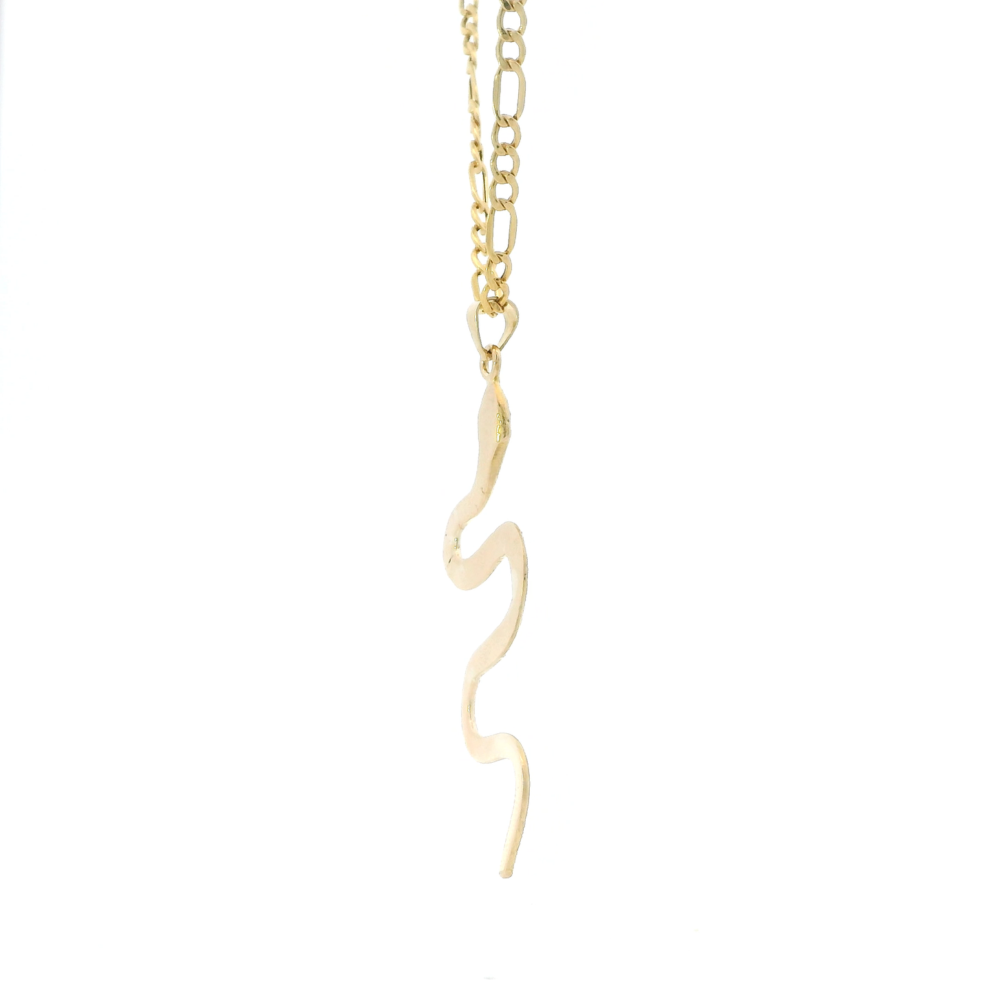 18K Yellow Gold 24" Figaro Chain & Diamond Cut Snake Pendant
