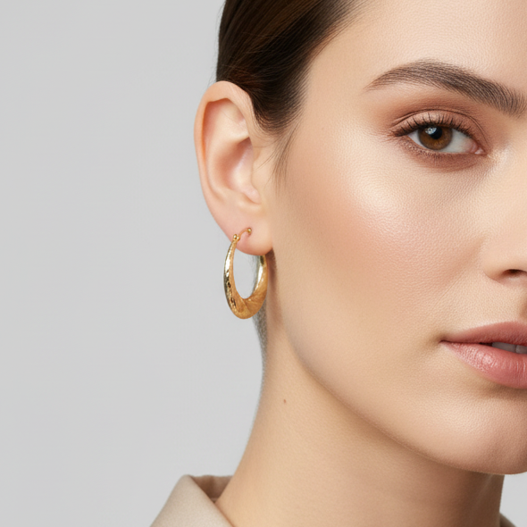 14K Yellow Gold Oval Texture Hoop Earrings