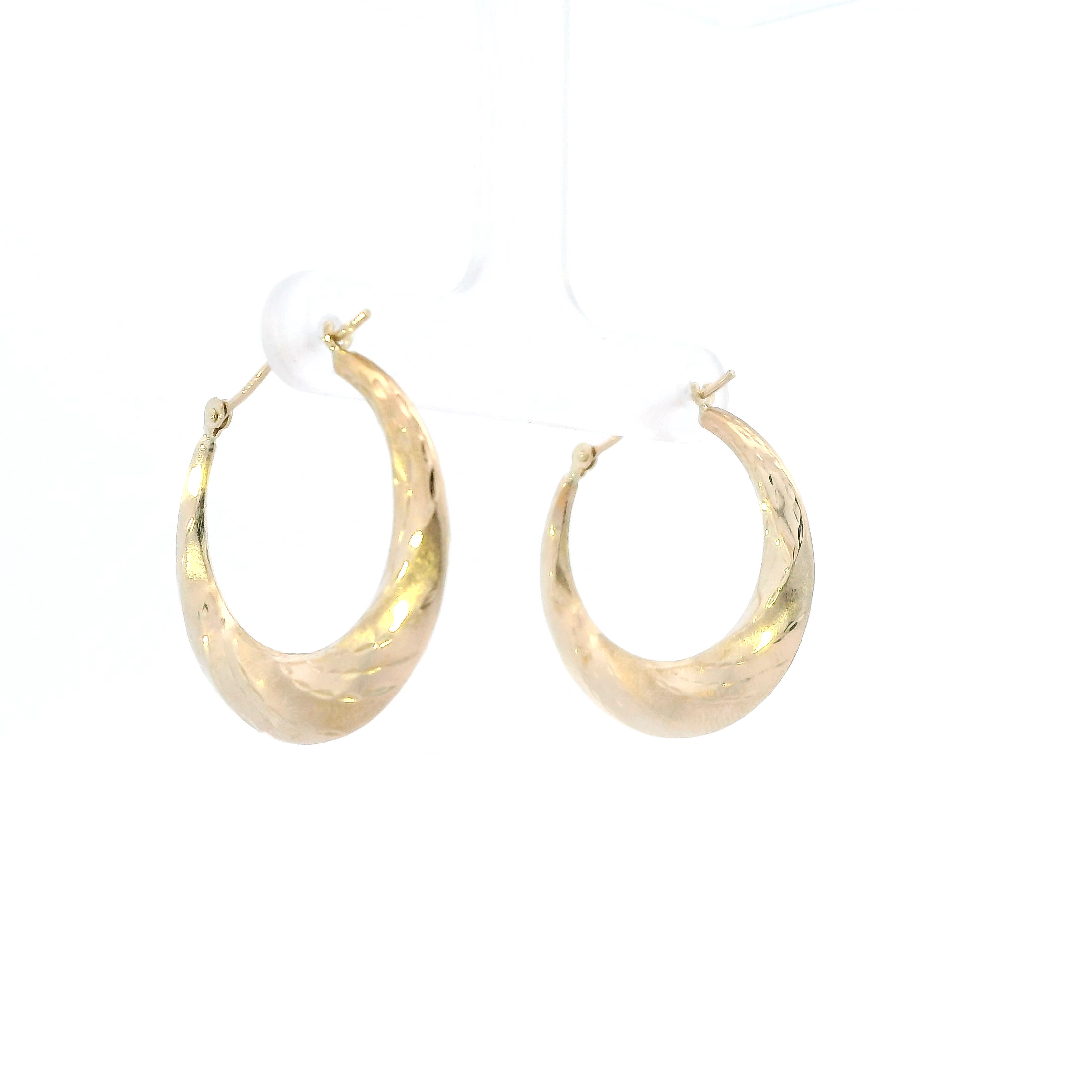 14K Yellow Gold Oval Texture Hoop Earrings