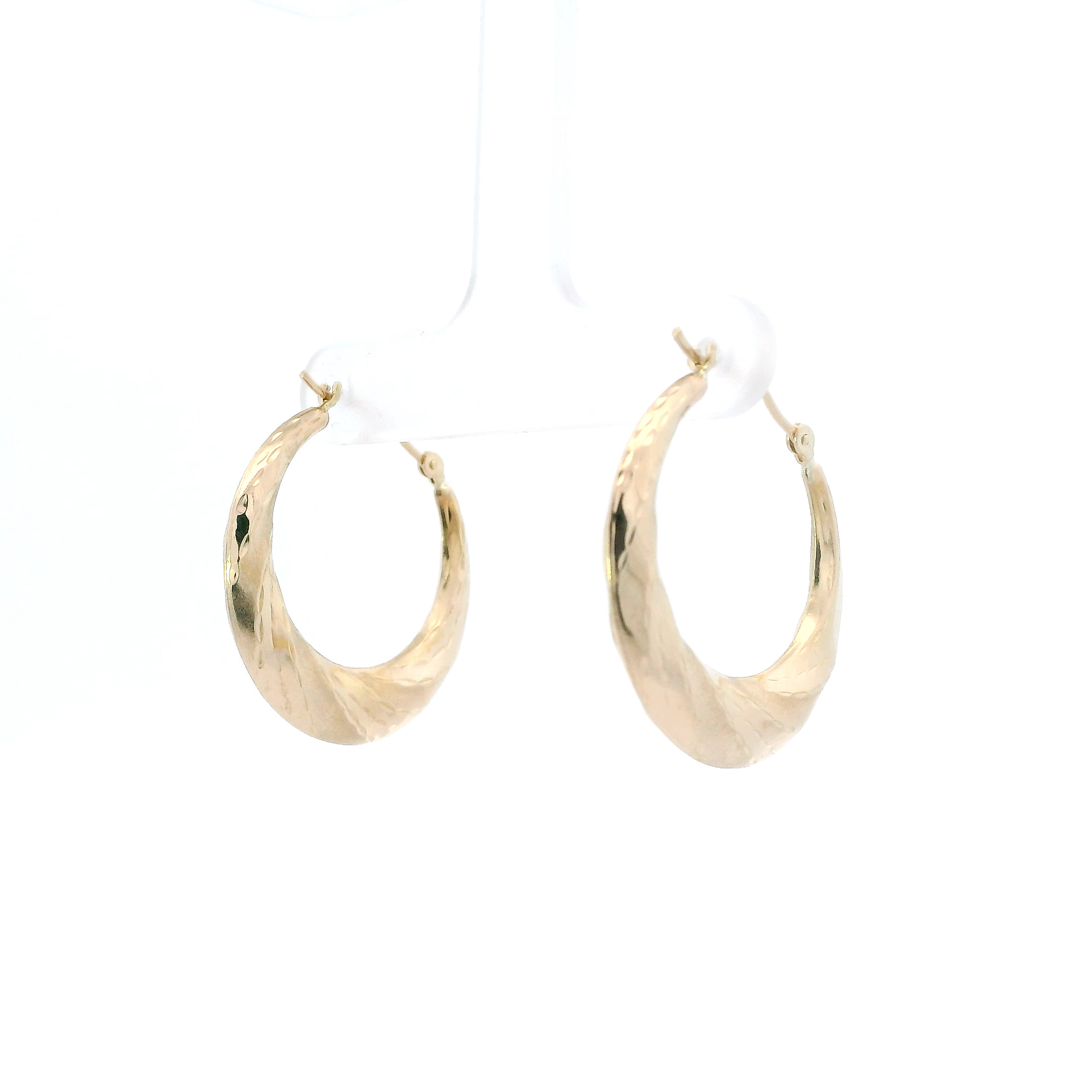 14K Yellow Gold Oval Texture Hoop Earrings