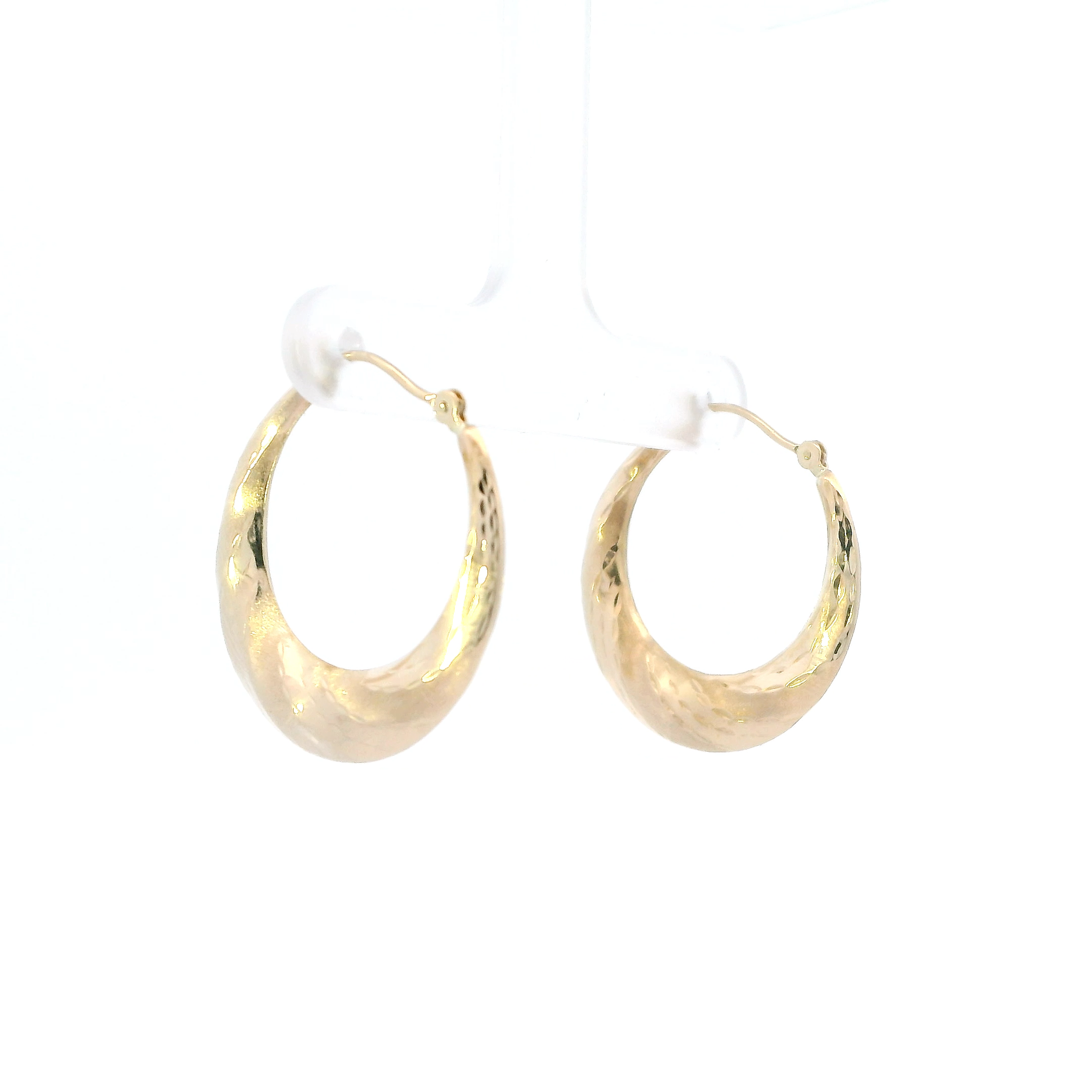 14K Yellow Gold Oval Texture Hoop Earrings