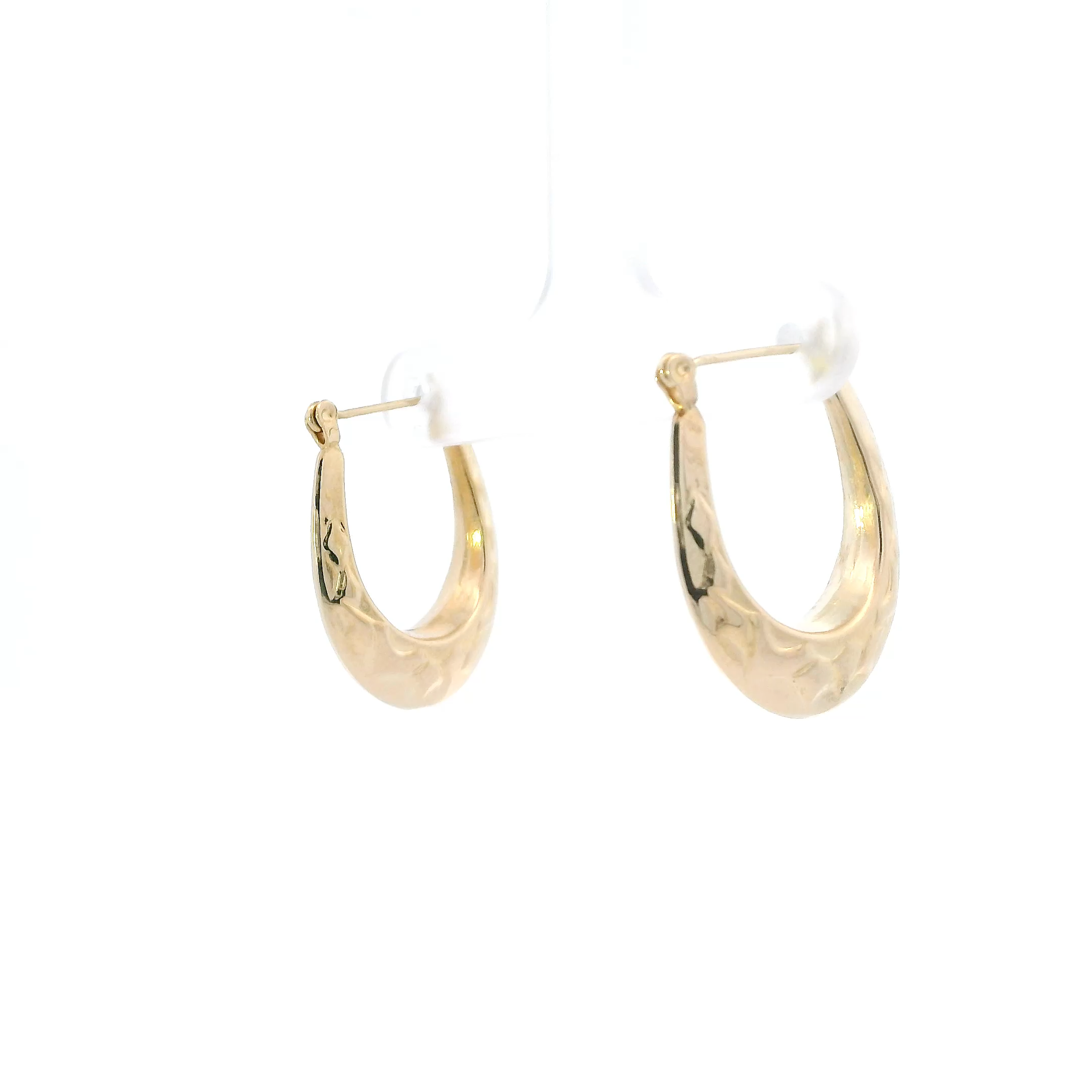 14K Yellow Gold Oval Texture Hoop Earrings