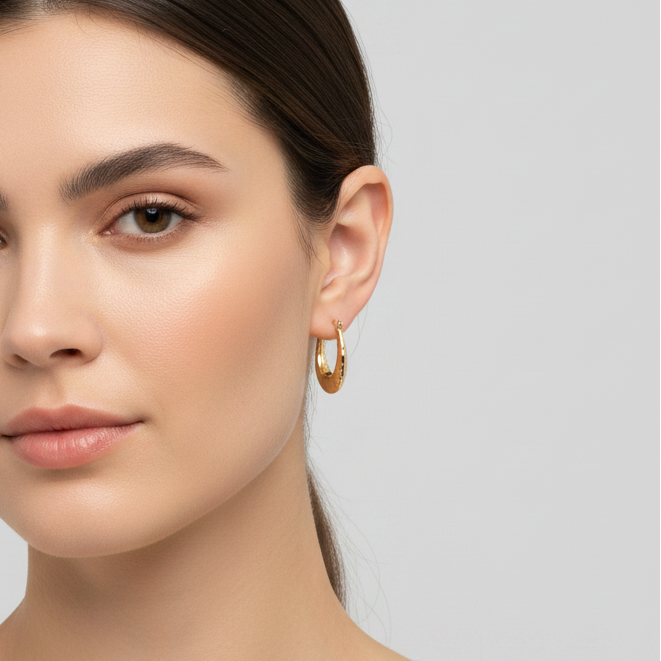 14K Yellow Gold Oval Texture Hoop Earrings