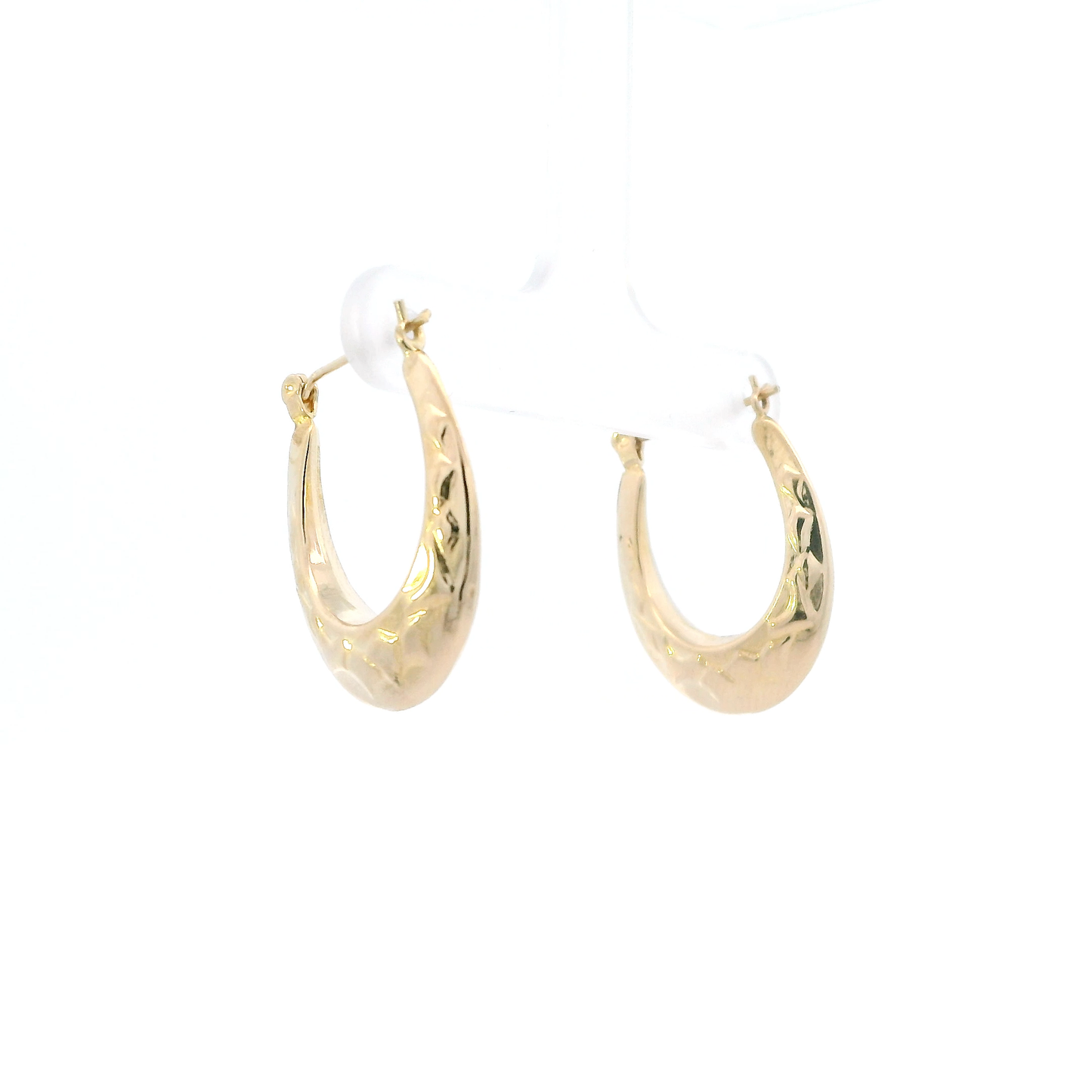 14K Yellow Gold Oval Texture Hoop Earrings