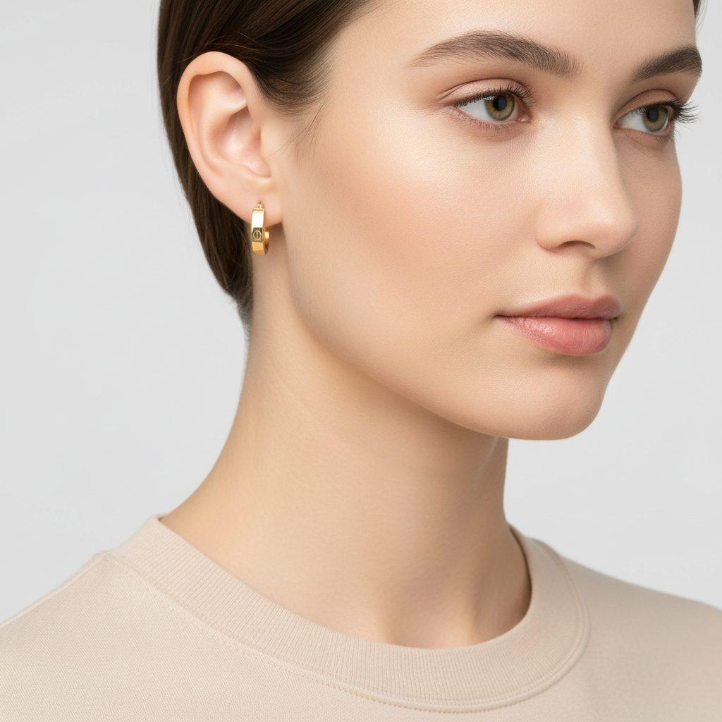 18K Yellow Gold Screw Design Hoop Earrings