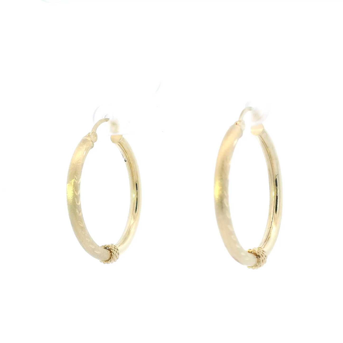 14K Yellow Gold Half Texture & Wire Hoop Earrings