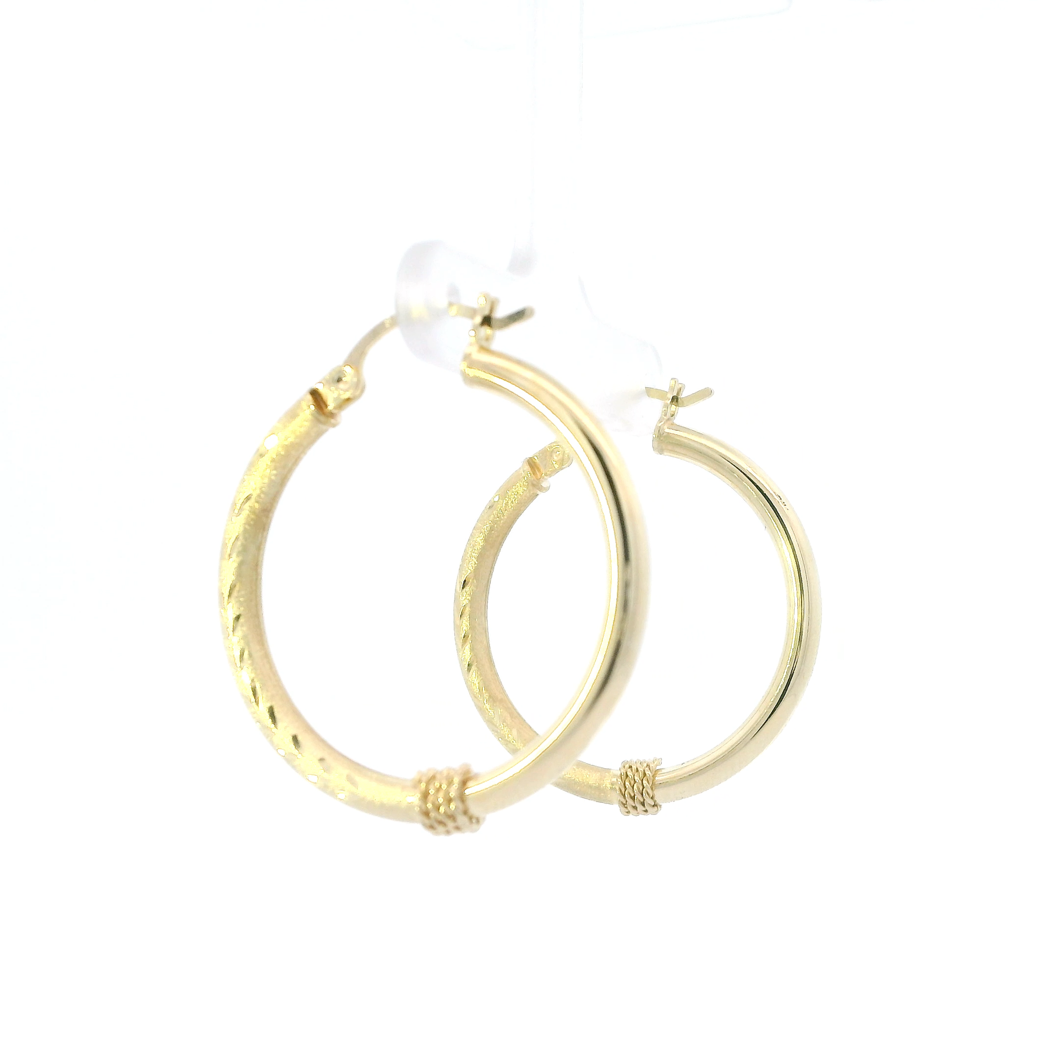 14K Yellow Gold Half Texture & Wire Hoop Earrings