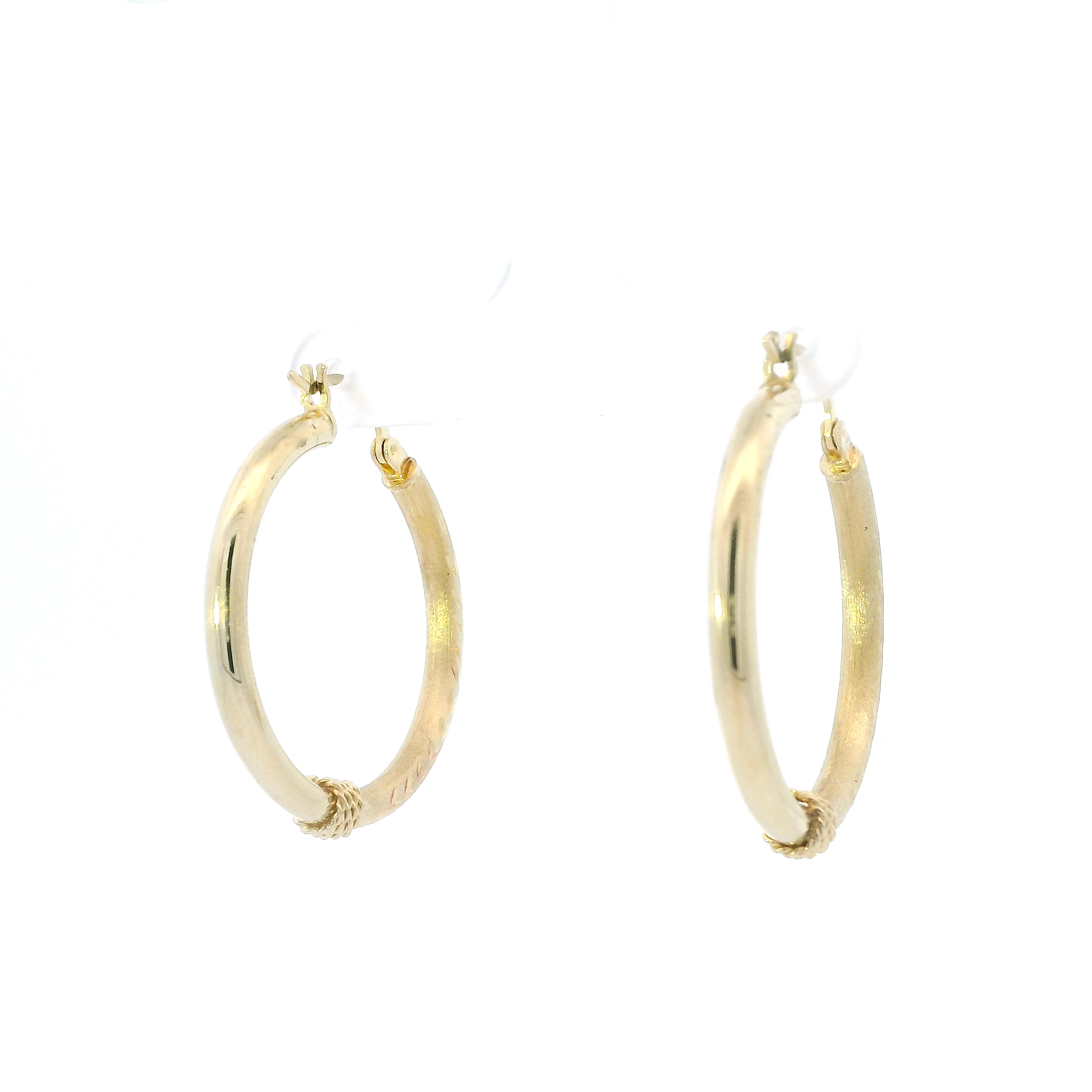 14K Yellow Gold Half Texture & Wire Hoop Earrings