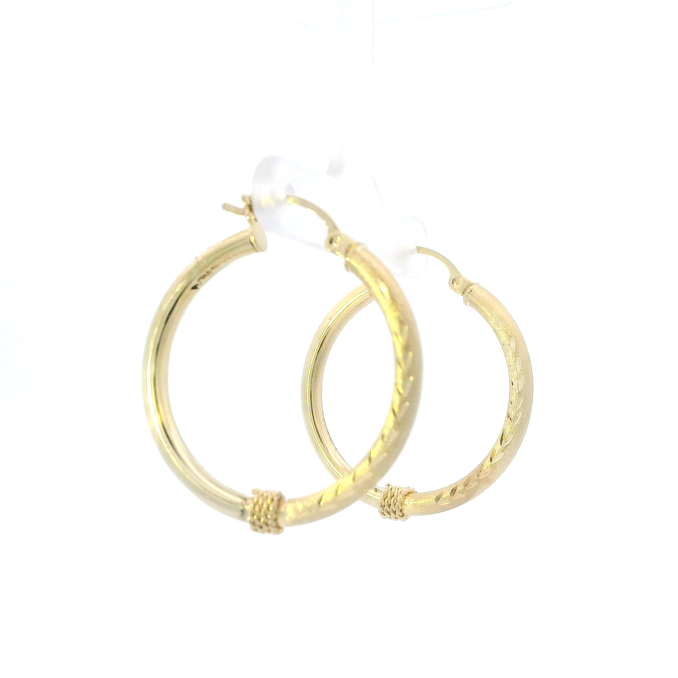 14K Yellow Gold Half Texture & Wire Hoop Earrings