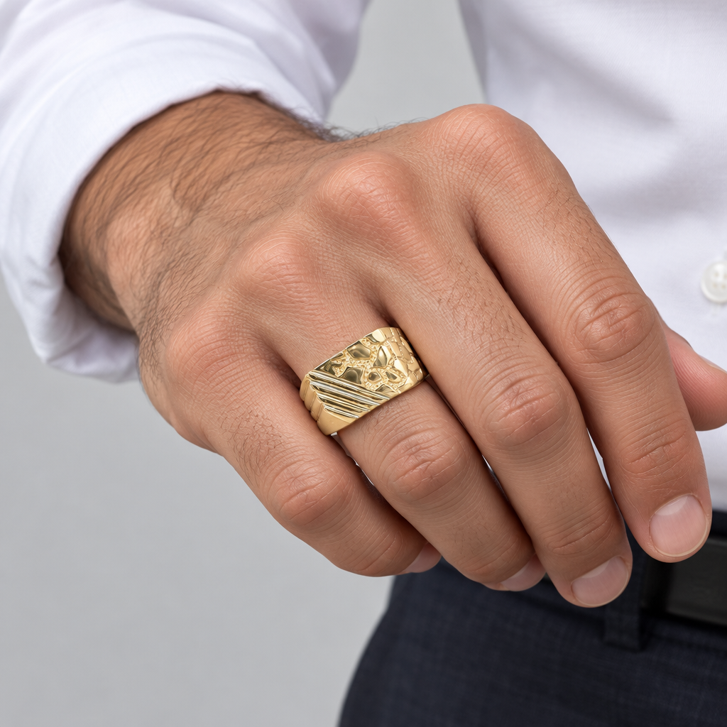 14K Yellow Gold Nugget Mens Ring