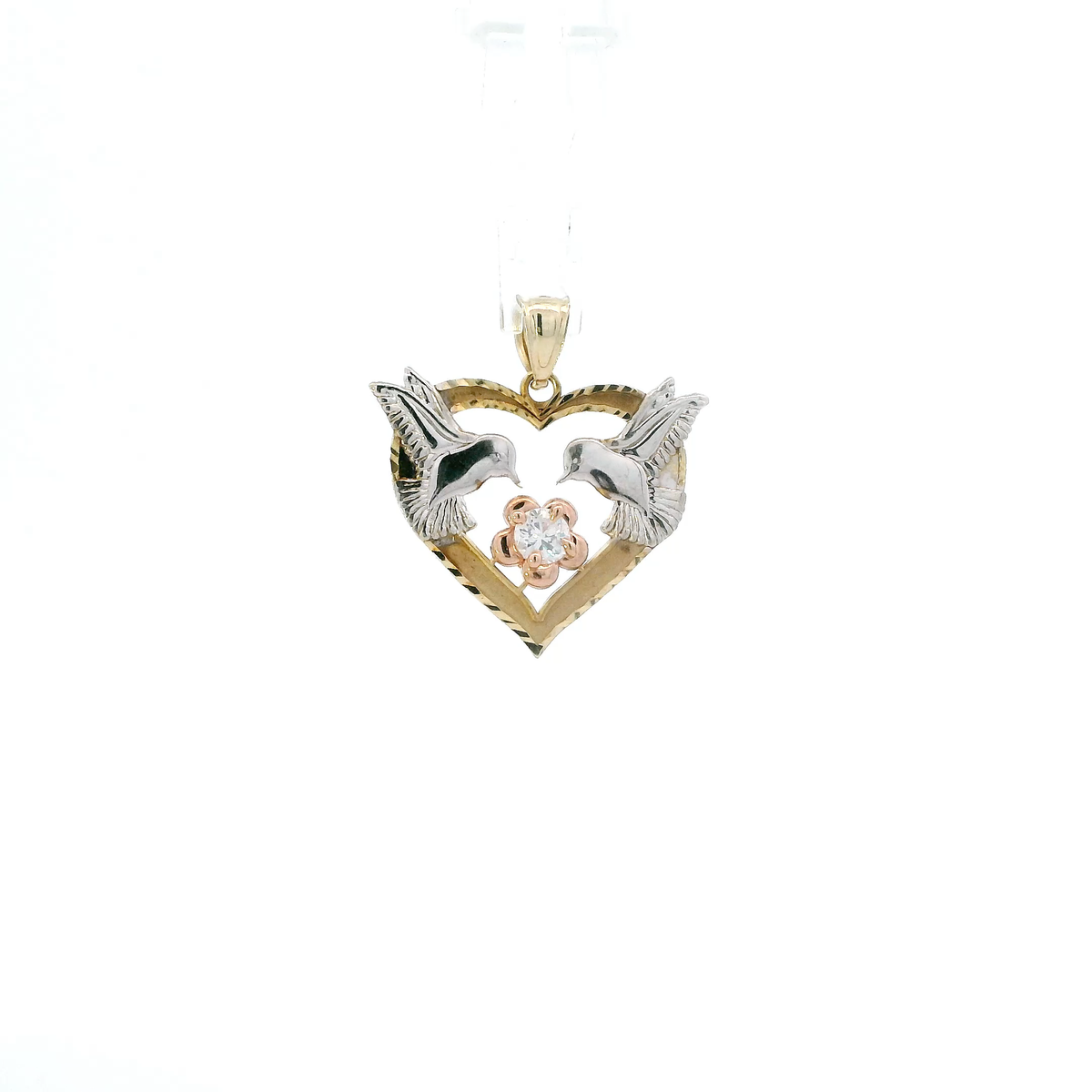 10K Tri Color Gold Heart Dove & Flower Pendant