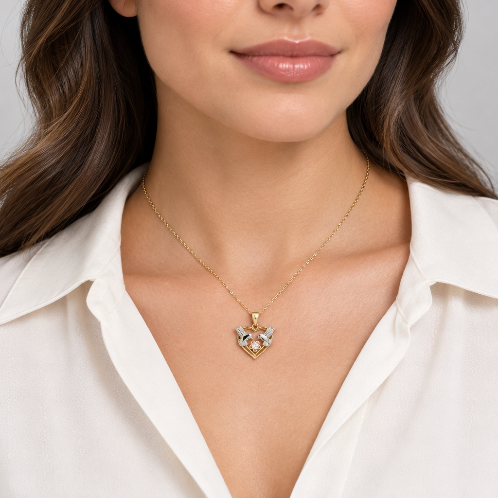 10K Tri Color Gold Heart Dove & Flower Pendant