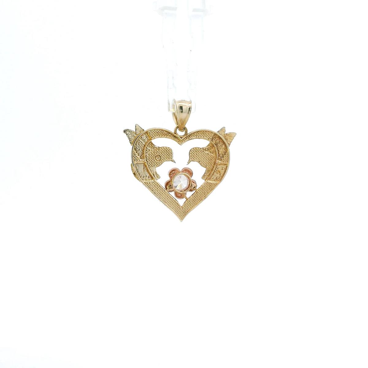 10K Tri Color Gold Heart Dove & Flower Pendant