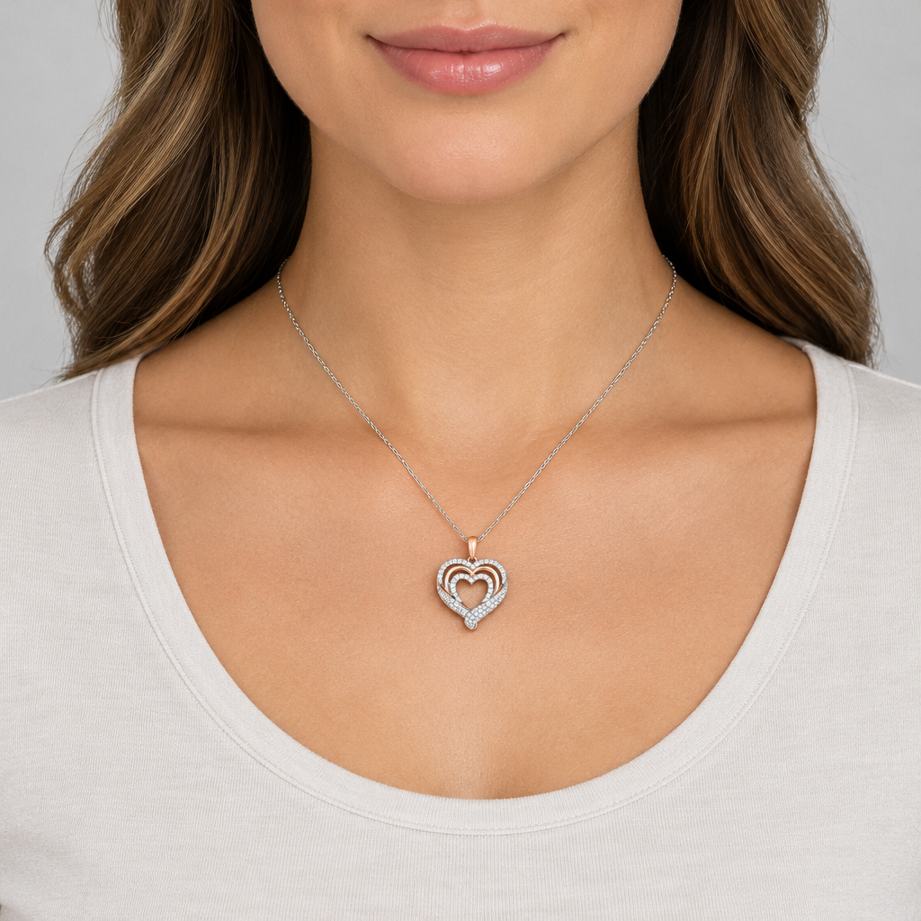 Silver Rose Gold Tone Diamond Heart Pendant & 18