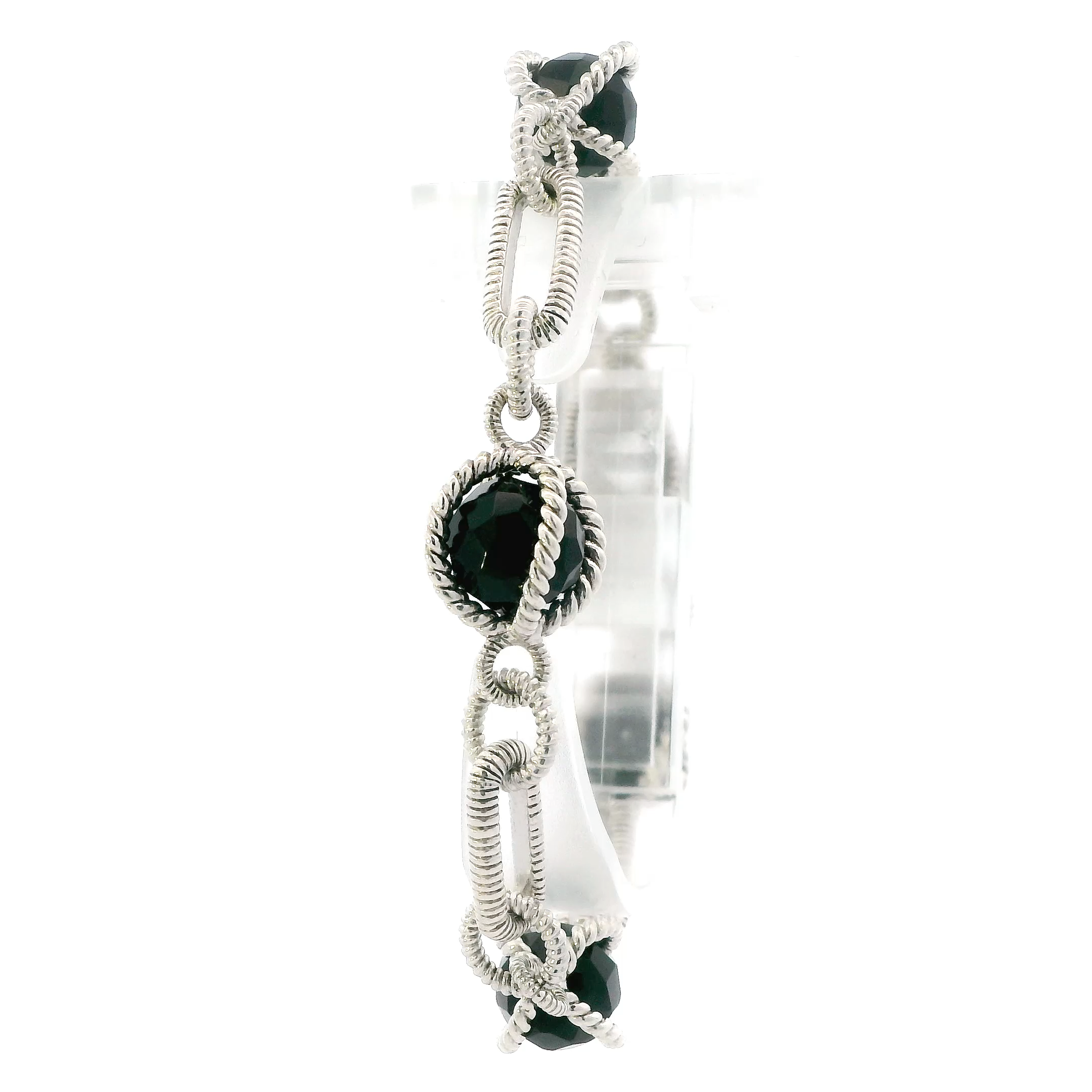 Silver Judith Ripka Onyx Caged Beads Cable Style Link With Toggle Clasp Bracelet