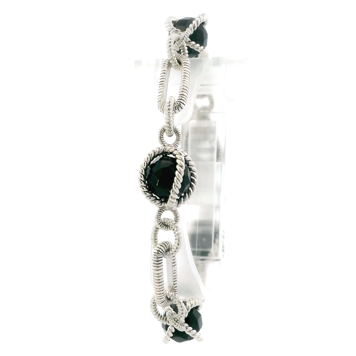 Silver Judith Ripka Onyx Caged Beads Cable Style Link With Toggle Clasp Bracelet