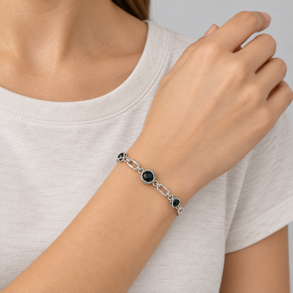 Silver Judith Ripka Onyx Caged Beads Cable Style Link With Toggle Clasp Bracelet