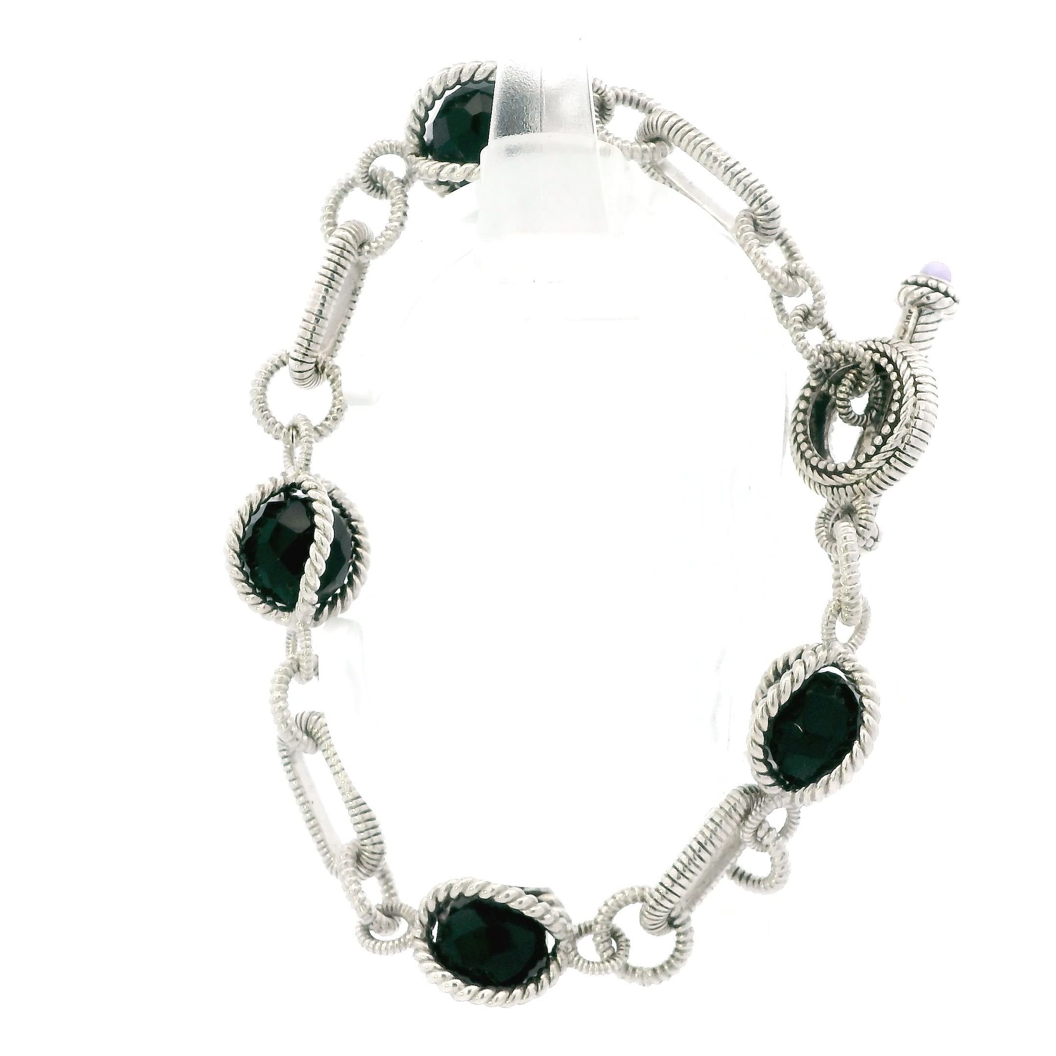 Silver Judith Ripka Onyx Caged Beads Cable Style Link With Toggle Clasp Bracelet
